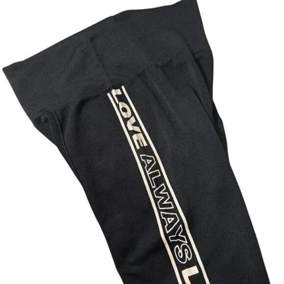High Rise Black Leggings | M/L | LOVE ALWAYS Side Stripe | Stretchy Yoga Fit - Picture 8 of 10